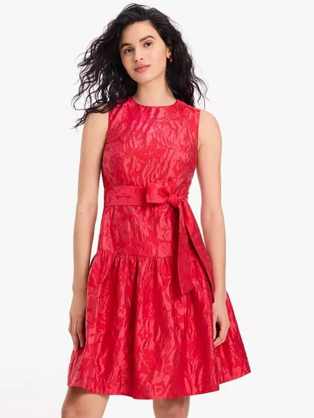 Kate Spade Julia Red Floral Brocade Fit & Flare Dress with Waist Tie, Size 00.
